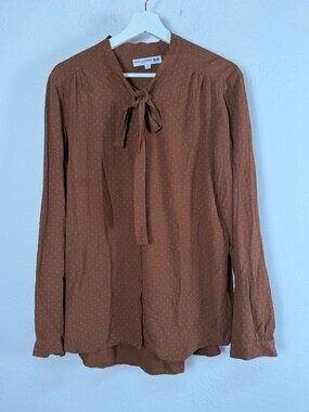 Ines De La Fressange Uniqlo Womens Brown Polka Dot Tie Neck Blouse Top Medium